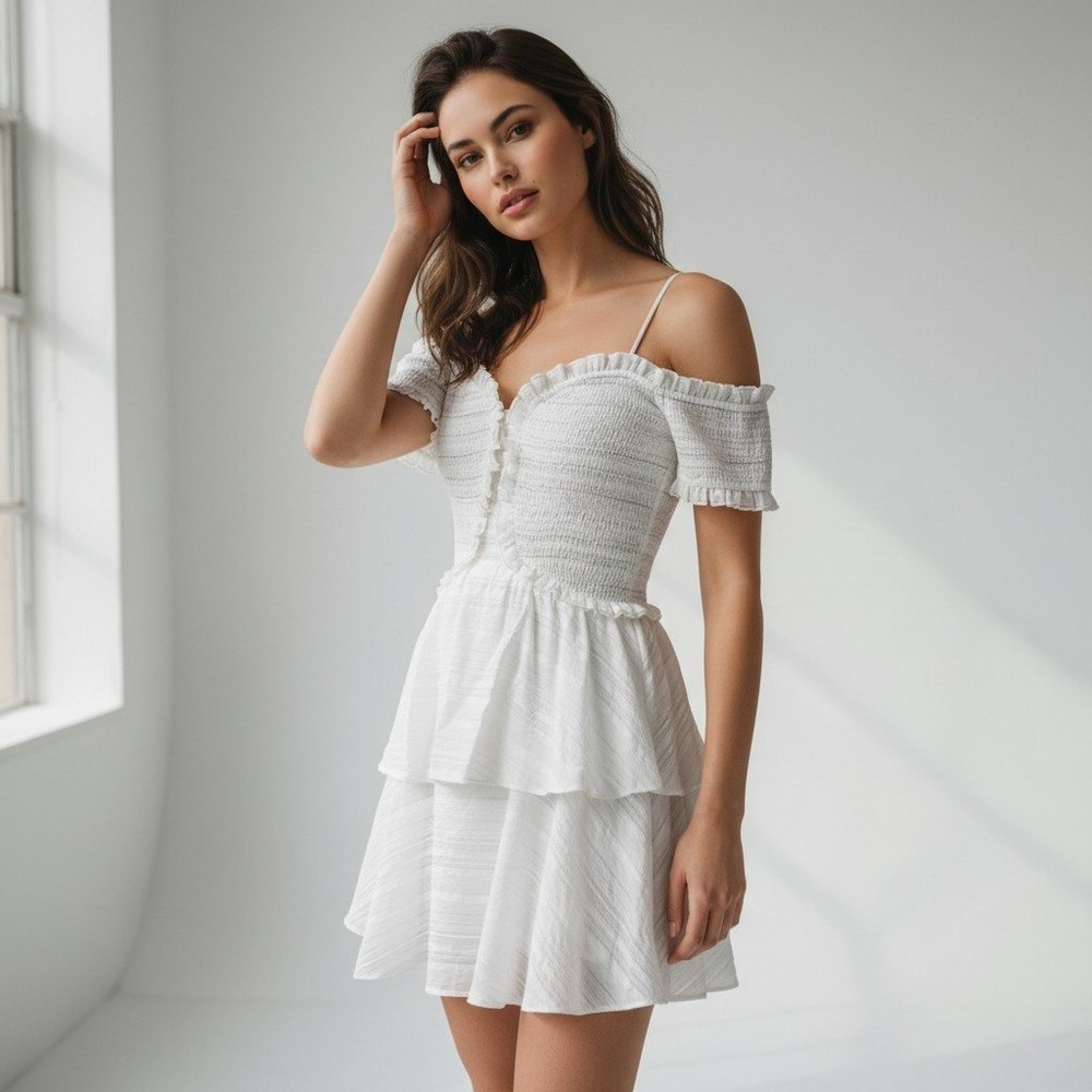 ELLIATT White Smocked Tiered Mini Dress Off Shoulder Ruffle Pinstripe Size Small